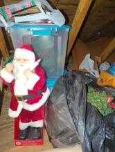 (ATTIC) LARGE LOT OF HOLIDAY ITEMS TO INCLUDE, GARLAND, SANTA DECOR, CHRISTMAS BULBS, ETC SEE