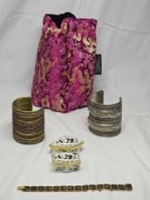 Vintage Asian Lot. Includes Panda Pill Box and 15 panel damascene japan bracelet and more.