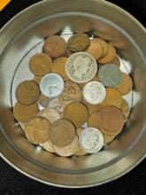 Lot of various coins. Includes 1947 and 1964 silver dimes, steel pennies, 1946 and back pennies and