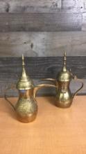 2) VINTAGE ETCHED BRASS DALLAH COFFEE POTS