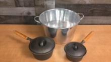 WKM CAST IRON SAUCE PANS AND LARGE BEVERAGE TUB