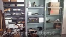 Lot of 3 Metal Shelving with Contents: Various Manuals, Demo Poly Blocks, Trays, Coffee Urn,