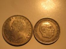 Foreign Coins:  Spain 1953 1 & 2.5 Pesetas coins