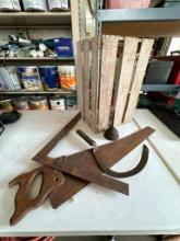Two Hand Saws, Wood Crate, Framing Square, OilCan and More
