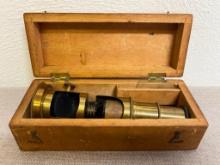 Antique Brass Microscope in Wooden Case