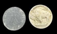 1940 A German 10 Reichspfennig & 1935 US Buffalo
