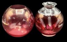 (2) Vintage Etched Cranberry Glass Vases