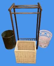 (3) Waste Bins & Wooden Towel Rack