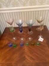 Colorful Lenox stemware, shot glasses, glass olives