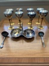 Vintage brass and silver goblets set of eight also silver, serving pieces and appetizer dish