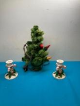 Vintage table top Christmas tree and Josef Original Christmas candleholders