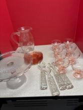 pink depression glass Cake plate heavy glass serving pieces