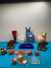 Ceramic cats, vases, tomato salt and pepper, shakers camel ashtray and more