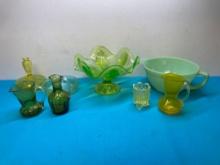 Viking Vaseline, glass bowl, Jadeite mixing bowl, and other green and gold glassware