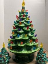 large ceramic light up Christmas tree with 2 miniature ceramic Christmas trees