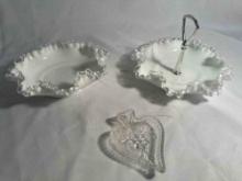 Vintage Silver Crest Milk Ruffle Edge Candy Bowl , Glass Ring Bowl
