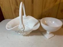 White Glass Decorative Basket / White Glass Bowl On Pedestal