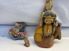 Vintage Burwood Wall Plaque Native Indian Girl / 1 Ceramic Wolf Figurine