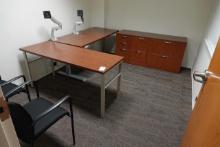 OFFICE CONTENTS, ADJUSTABLE HEIGHT DESK, CREDENZA, CHAIRS & DRY ERASE BOARD X1