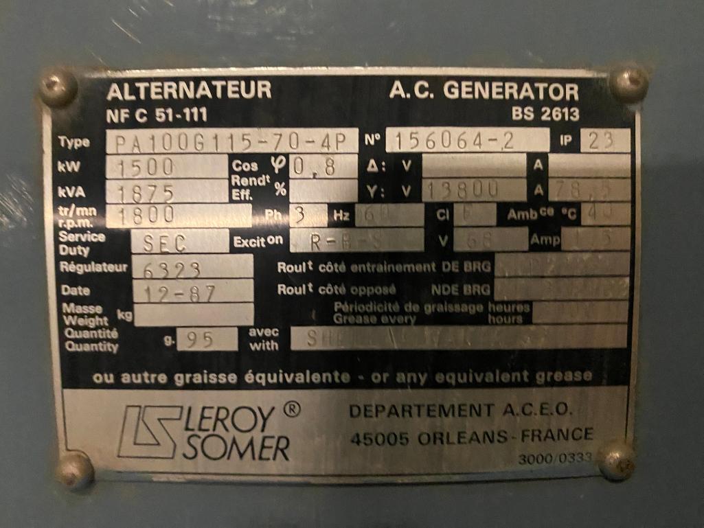 1990 LeRoy Somer 1875 KVA Generator, Type PA100G115-70-P4, w/ Mitsubishi 16-Cylinder Diesel, Model