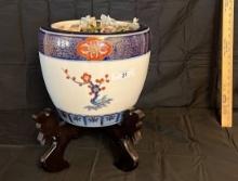 Goldimari Porcelain Fishbowl W/ Wooden Stand