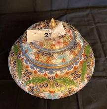 Vintage Closionne Lotus Flower Pattern Lidded Jar W/ Wooden Stand