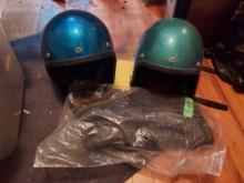 2 Vintage Motorcycle Helmets & Gloves