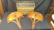 Pair Vintage Wall Display Shelves and brass magazine holder