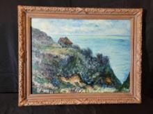 Unmarked framed oil on canvas cliffside cottage scene