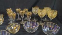 Beautiful Antique Etched Gilded Cups Saucers Cordials Bowls and glasses