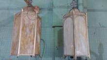 Pair of Vintage Gothic Cathedral Style Hanging Slag Glass Lamps