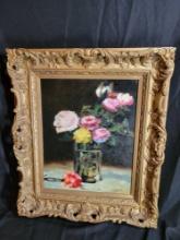 Modern oil on canvas flowers in vase in heavily carved frame