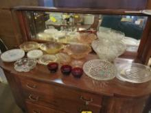 Pink yellow and green depression, press glass, punch bowl set and more