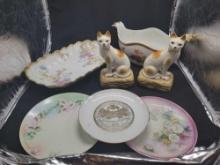 Group of handpainted plates, Andrea by Sadek cat figures, '76 Massillon plate