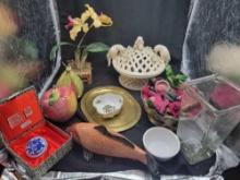 Decor items, ceramic fish, brass tray and center bowl, art. flower