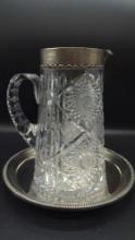 Vintage Sterling Silver Rimmed Glass Pitcher & Sterling Silver plate