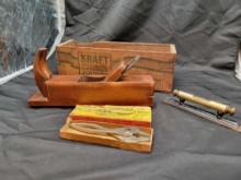 Kraft cheese box, German horn, Stanley plane, level and Cresent pliers with box