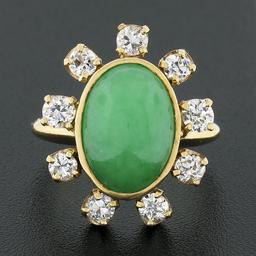 Vintage 14k Gold Oval Cabochon Jade & 1.1 ctw European Diamond Halo Cocktail Rin