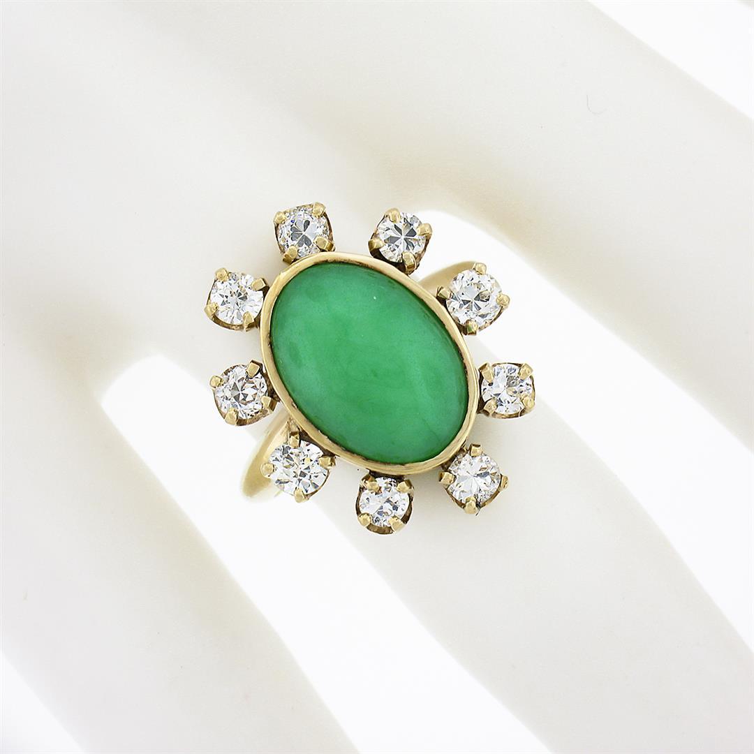 Vintage 14k Gold Oval Cabochon Jade & 1.1 ctw European Diamond Halo Cocktail Rin