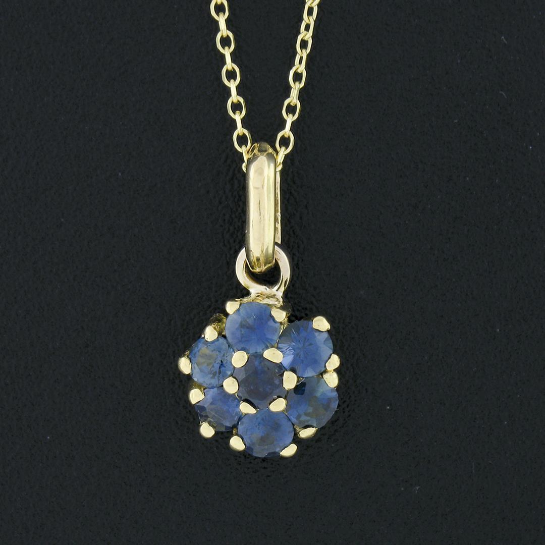 Estate 18k Yellow Gold 0.70 ctw Sapphire Flower Cluster Petite Pendant Necklace