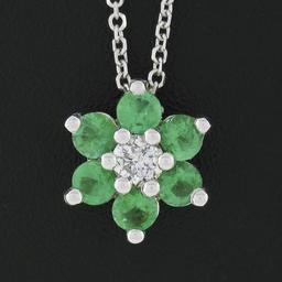 NEW 14k White Gold 0.83 ctw Diamond & Emerald Halo Flower Cluster Pendant Neckla