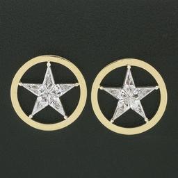 Vintage 18k Gold 2.75 ctw Floating Star Kite Cut Diamond Round Open Stud Earring