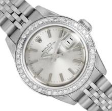 Rolex Ladies Stainless Steel Quickset Silver Index Diamond Bezel Date Watch With