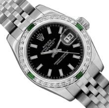 Rolex Ladies Quickset Black Index White Gold Emerald And Diamond Bezel With Hidd