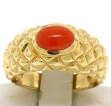 14k Yellow Gold NICE Oval Cabochon Bezel Set Coral Domed Quilted Texture Ring