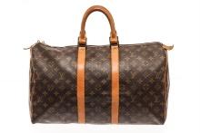 Louis Vuitton Brown Monogram Canvas Leather Keepall 45 Travel Bag