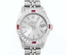 Rolex Ladies Quickset Stainless Steel 18K White Gold Diamond & Ruby Bezel Silver