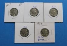 Indian Head 5C Buffalo Nickel Lot - 5 Coins total