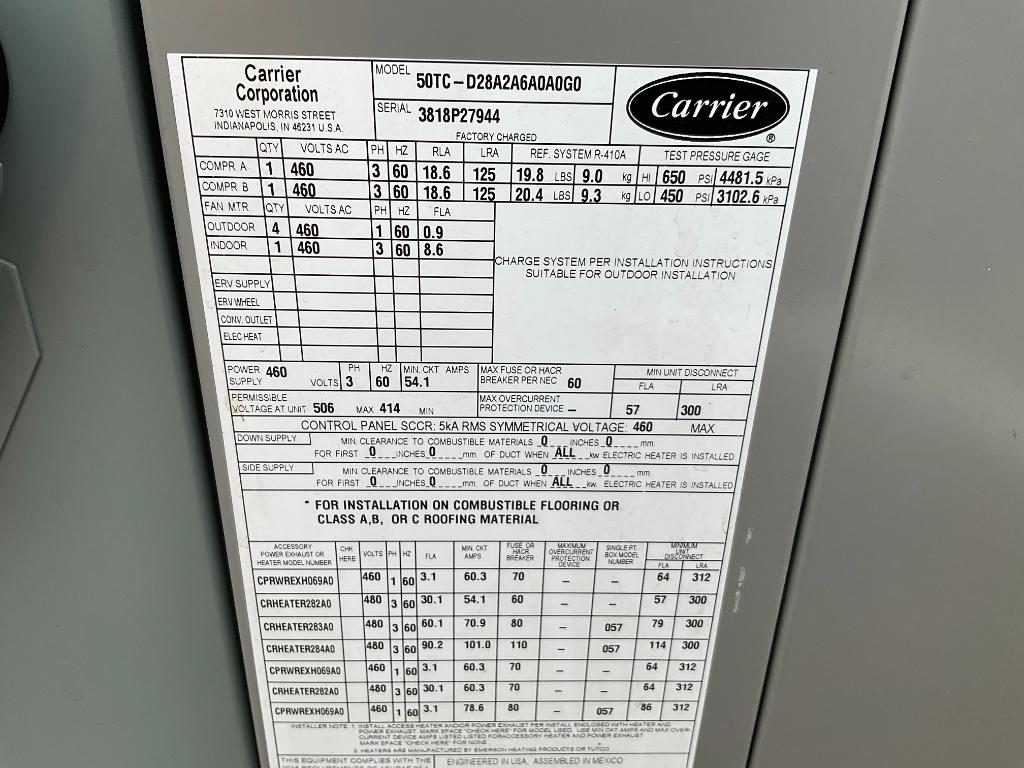 Carrier Model 50TC- D28A2A6A0A0G0 Rooftop Cooling Unit