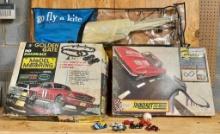 Go Fly A Kite Kite and Two Aurora Tabletop Racing Sets and Cars